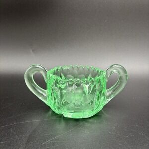 Green Uranium Depression Glass Sugar Bowl Double Handles